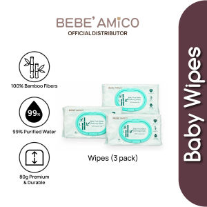Bebe Amico Baby Pure Water Cleansing Wipes - 100% Bamboo Fibre (80pcs x 3) [Exp: Oct 2027]
