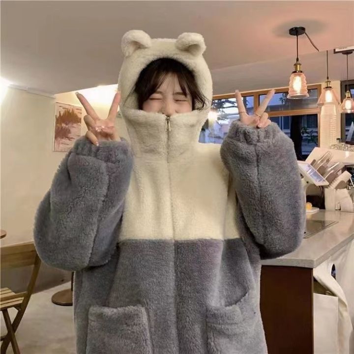 6xl Winter Coat for Women Korean Style Contrast Color Bear Hooded Lambswool  Cotton-padded Jacket Women Winter New Thickened Cotton Coat Lazada PH