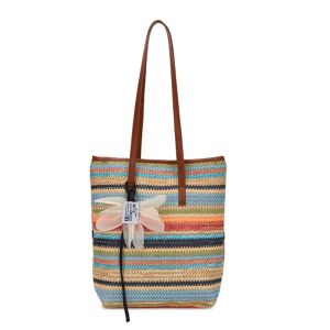 INK6755 Elegant Rainbow Woven Handbag Bohemian Style with Flower Pendant Crochet Underarm Bag Casual Beach Summer Bucket Bag Girls