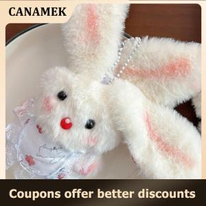【 CANAMEK 】 Cartoon Cute Long-eared Rabbit Squeak Plush Doll Stuffed Toys Keychain Pendant Lanyard Girly Keyring Bag Hanging Ornaments Gifts
