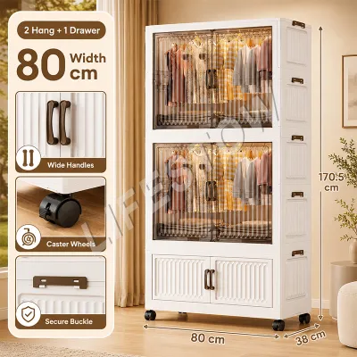 LifeStow Foldable Wardrobe Cabinet for Clothes Storage White Drawer Durabox with Wheels Home Cabinet Organizer
