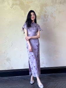 Ruige 2025 [699 people will ship within 6 hours] New Chinese national style charm purple butterfly cheongsam dress womens summer elegant temperament waist and thin medium and long dress