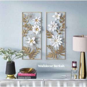Walldecor Berkah Satu Set Hiasan Dinding 85x31 Model Daun Bunga Melati Frame Metal Gold Leaf Gingko
