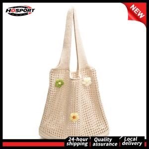 【Free Shipping】 Women Knitted Tote Bag Crochet Shoulder Bag Large Capacity Woven Hobo Bag with Flower Decor Casual Beach Bag Simple Summer Bag