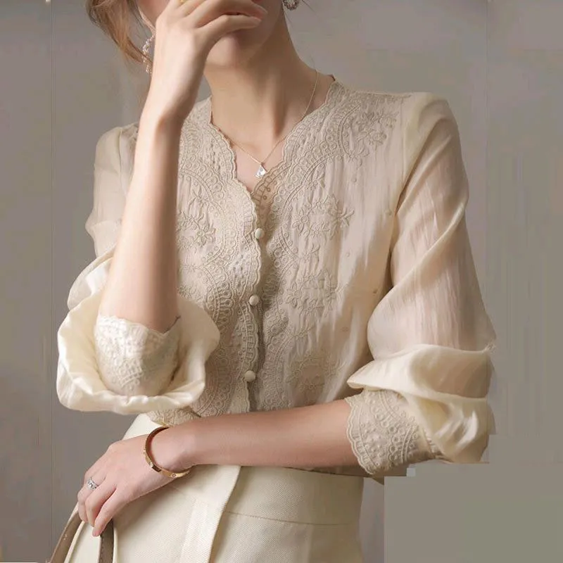 Spring Women Long Sleeve Lace Blouse 2023 Fashion V Neck Solid