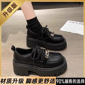 [Free Shipping] Thick-soled womens leather shoes new summer and autumn style chunky high heel black lace-up loafers