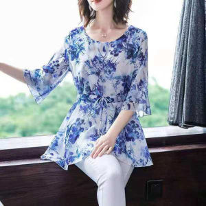 Mới nhất phụ nữ phụ nữ áo cánh vải voan thời trang tay bèo mùa hè Áo peplum laday áo in hoa cỡ lỡn in lỏng áo blouse dài nữ tg01wc003