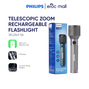 PHILIPS Zoomable Flashlight (SFL2143-56) - Telescopic Zoom Rechargeable Type C 1100 Lumens Super Strong Light 950m Long Range 3000mAh Battery Aluminum Alloy Material 5 Lighting Modes High Performance High-end Flaslight