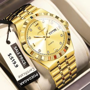 POEDAGAR นาฬิกาผู้ชายหรูหรานาฬิกาข้อมือแฟชั่นสำหรับผู้ชายโครโนกราฟวันที่สแตนเลสสายเหล็กนาฬิกาผู้ชายเรืองแสงกันน้ำแฟชั่น872กรัม