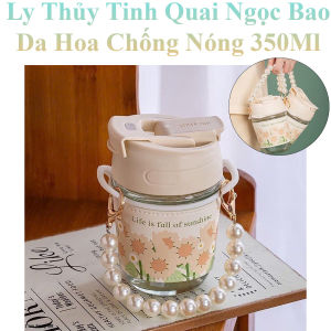 Ly Thủy Tinh Bình Nước Quai Ngọc Bao Da Hoa Chống Nóng Kèm Ông Hút Sang Chảnh 350Ml 13X8Cm