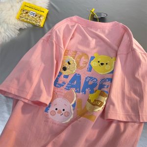 Korean Version of Casual Cute Cartoon Winnie Bear Letter Printed Oversais T-shirt for Woman