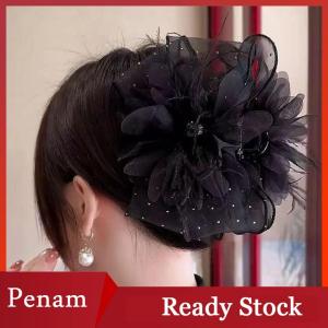 [PAM] Mesh Lace Black Feather Ribbon Bow Hair Claws Hairpin Big Ponytail Holder Hair Clips Hair Accessories For Women