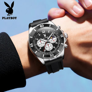 PLAYBOY Watch For Men Original Waterproof 2025 New Barrel Type Multifunctional Moon Phase Calendar Sport Silicone Strap Import Quartz Luminous