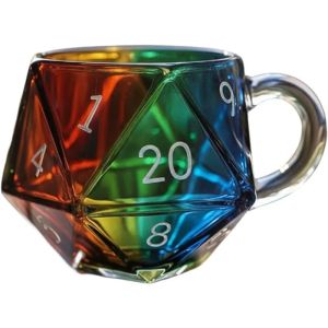 FFBH Rainbow D20 Dice Coffee Mug Glass Cup with Handle Polyhedral Dice Coffee Cup Transparent Glass Game Mug for Fantasy Lovers R7Q2P