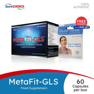 Metafit-GLS L-Glutathione 250mg + L Carnitine 250mg + Sodium Ascorbate 112.5mg Food Supplement Caps Plus Free Gluta-White 9+1 Promo Pack