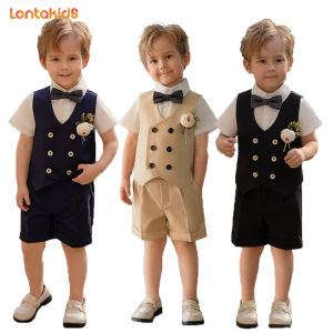 lontakids Kids Boys Formal Suit 5Pcs (Vest+Shorts+Short Sleeve Shirt+Bow Tie+Corsage) Wedding Birthday Party Clothes Set