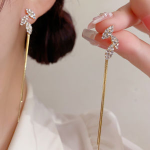 Fashion earrings womens new s925 sterling silver needle exquisite zircon leaf long fringed earrings womens unique personality simple and thin earrings