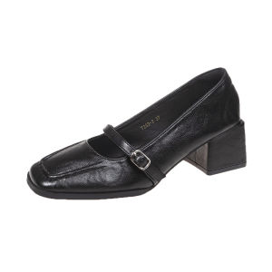 Plus Size WomenS Leather Shoes 2026 Four Seasons Style Chunky Heel Square Toe Shallow Fashion Versatile Loafers