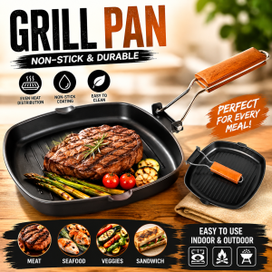 HouseCo | SQUARE GRILL PAN | Pots & Pans | Grill Pans | Non Stick | Dishwasher Safe | 20cm | Foldable | Iron Steak Frying Pan | Durable | Grill Pan with Wooden Folding handle | Reduce Oil Adsorption | Easy to Clean | Cast Iron | Lightweight | Best Seller