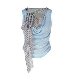 ชุดเซ็ต2ชิ้น(ติดกัน) เสื้อกล้ามสีฟ้า ผ้าโพลิเอสเตอร์ แต่งซับในผ้าชีฟองลายสก็อตสีเทา ไหล่มีผ้าผูกคล้องคอหรือโบว์ แมทซ์ได้ทั้งกระโปรงและกางเกง #6973