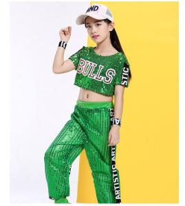 LOlanta Kids Jazz Sequins Dance Costume - Hip Hop Street Dance Outfit for Girls, Soft Cotton Lining with Neat Sequins - Age 3-14 Years, Short Sleeve Crop Top and Pants Set - Perfect for School Activities and Performances