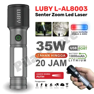 Senter LED Premium LUBY L-AL8003 35W | Zoom 400 Lumen 1800 mAh 6 Mode Type-C Tahan 20 Jam