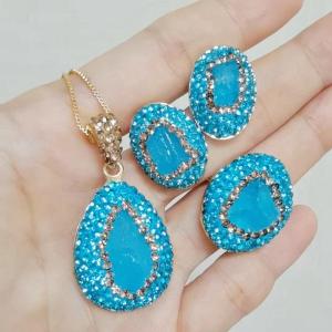 Natural Gemstones Necklace Rings Earrings Rough Stone Suit 3pcs Jewelry Sets Raw Aquamarine Crystal Lady Daily Handmade Jewelry H260610