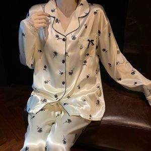 New High-end Black Rose Lace Sweet Long-sleeved Ice Silk Pajamas Womens Autumn Loungewear Satin Silk Pajamas for Women Lingerie