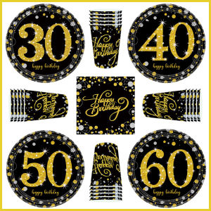 Black Gold Birthday Party Decorations For Celebration 30th 40th 50th 60th Birthday Plates Napkins Cups Paper Tableware Supplies