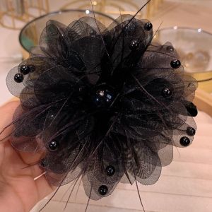 Elegant Women Girls Hair Claw Pleated Organza Pearls Black Feather Grip Shark Hair Clip Women Headwear Hair Accessories