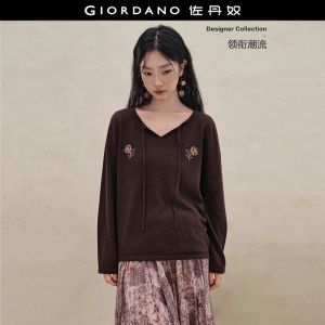 GIORDANO Women Sweaters Floral Jacquard Retro Chic Sweaters Tie V-Neck Fashionable Casual Loose Sweaters 18356315