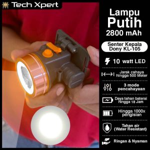 SENTER KEPALA DONY LED 10 WATT KL-105 SI UNYIL CAHAYA TERANG KUNING & PUTIH ANTI AIR