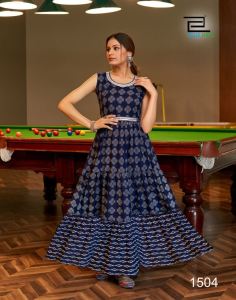 Party Wear Sleeveless Long Frill Gown with Fancy Belt comes with multiple colours looks elegant