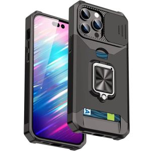 I TECH Card Holder Push Window Anti-Fall Phone Case With Ring Protective Case For iPhone 16 15 14 13 12 11 Pro Max