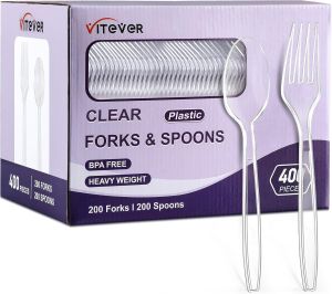[400 Count] Clear Plastic Forks and Spoons Set Bulk - Heavy Duty Spoons and Forks Silverware Plastic Utensils Cutlery Set for Party