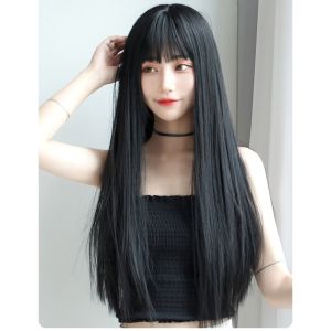 【 COD&In Stock 】 63CM Long Straight Hair Wig Fashionable and Sweet Air Bangs Wig Long Straight Hair Cos Hairstyle Full Head White Blonde Wig Real Hair Women Wearing Full Head Wig to Increase Hair Volume Style Wig Womens Wig
