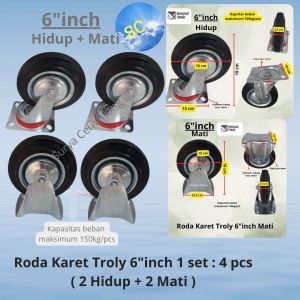 Roda Karet Troli Troly 6 inch 1 set : 4 pcs ( 2 pcs Hidup + 2 pcs Mati )
