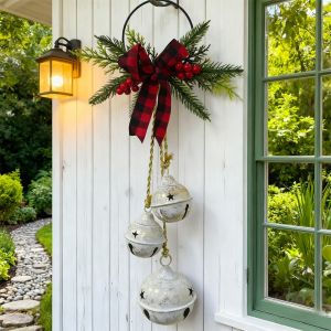 YERZ Three-Bell Christmas Tree Bell Decorations Rustic Style Shatterproof Metal Bell Tree Hanger Bells Hanger with Bowknot Wall Hanging Ornament Holiday Decorations