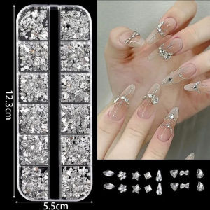 DORISNA 12 Grids Clear Mixed Style Nail Art Rhinestones Crystal 3D Glitter Non Hotfix Diamond Decoration Nail Art Accessories