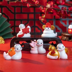 WNV55 6pcs Lucky Peach Blossom Snake Figurine Cartoon Chinese Style Mini Snake Ornament Animal Figurines Resin Craft New Year Snake Figurine Home Decor