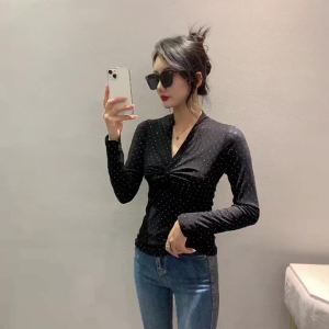 Ammin Áo Thun Tay áo dài in Chấm Bi Polka cổ chữ V xù xì đơn giản thời trang 2024 mùa xuân và mùa thu áo thanh lịch phong cách hàn quốc nữ