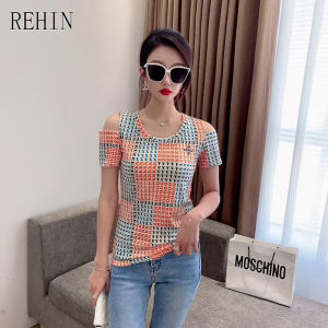 REHIN Womens top new summer fashion short-sleeved T-shirt Unique print round neck diamond plaid strapless cotton blouse