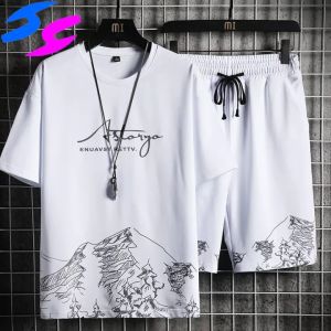 HY 2021 New Mens Casual Set Summer Harajuku Tracksuit T-shirt+Sports Shorts Running 2PCS Sets Printing Fashion Male Sport Suit