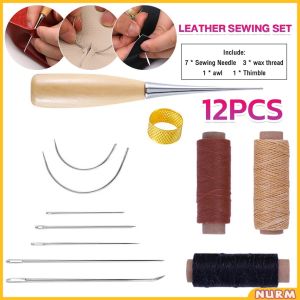Nurm 12pcs Leather Sewing Kit Sewing needle/Wooden Handle Awl/30m Wax Thread