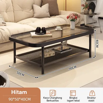 ⭐Kaca Yang Diperkuat& Baja karbon⭐Meja Kaca Tempered Meja Tamu 90*50*40 cm/Desain rotan kerawang berlapis ganda& Meja Ruang persegi Tamu/Meja Meja Kopi/Meja Sudut/Meja Cafe Nordik Table Tingkat/Meja Sudut Coffe Table chb