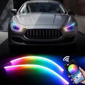 12V 2PCS DRL Car LED Daytime Running Light APP Control Flexible RGB Symphony Flowing Turn Signal Strip Headlight Decorative Lamp