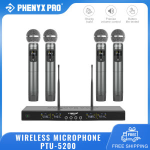 Phenyx Pro PTU-5200 Wireless Microphone System UHF Wireless Mic 4 Handheld Mics 200ft Range Dynamic Microphones for Home Singing Karaoke Church DJ