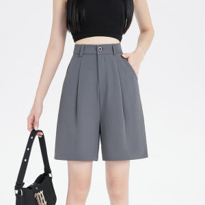 AMMIN กางเกงขาสั้นสูทสีเทาสไตล์เกาหลีสำหรับผู้หญิง2024ฤดูร้อนติดกระดุมสูงกระชับสัดส่วนทรงหลวมลำลองผ้าไหมน้ำแข็งสาย5 5เส้น