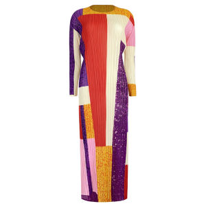 Miyake Dress Waist Slimming Elegant Slim Geometric Printed Long Sleeve 5706