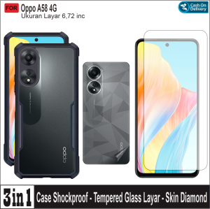 Paket 3in1 Casing Oppo A58 4G Case Armor Shockproof Free Tempered Glass Layar & Skin carbon
